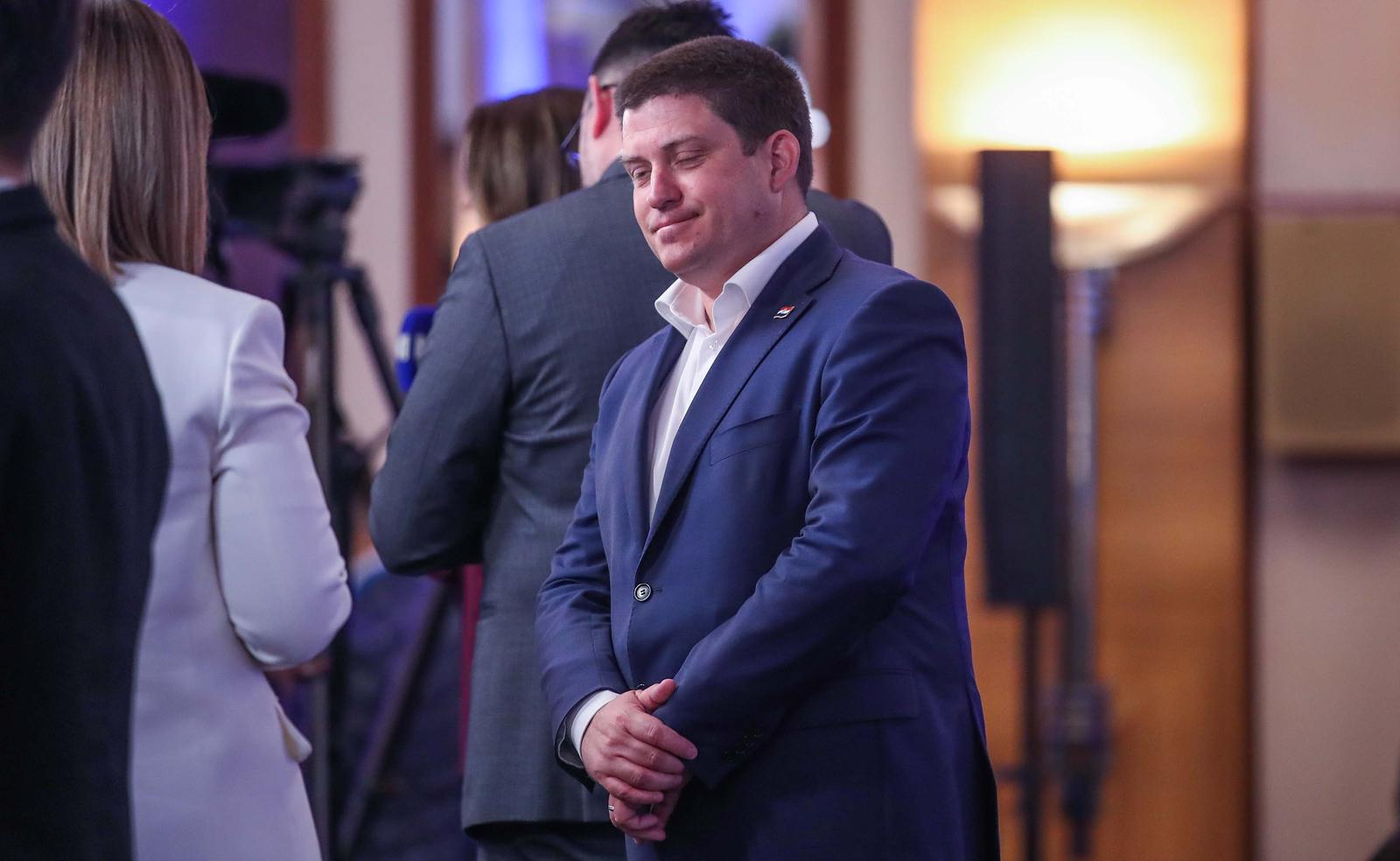 17.04.2024.., Zagreb - Docek izbornih rezultata za Hrvatski saboru u stozeru Hrvatske demokratske zajednice (HDZ), Hrvatsko socijalno-libaralne stranke (HSLS), Hrvatske demokrscanske stranke (HDS), Hrvatske narodne stranke (HNS) i Hrvatske stranke umirovljenika (HSU) u hotelu Westin. Oleg Butkovic Photo: Slavko Midzor/PIXSELL