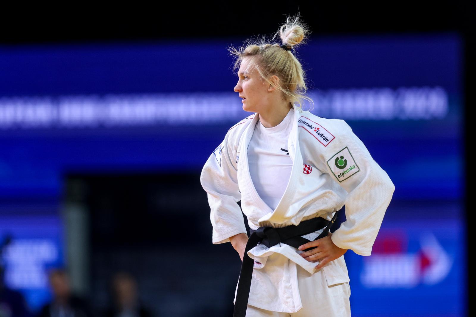 26.04.2024., Arena Zagreb, Zagreb - Europsko seniorsko prvenstvo u judu Zagreb 2024. Zene -70kg, cetvrtfinale, Lara Cvjetko, Hrvatska (bijela) - Ai Tsunoda Roustant, Spanjolska (plava). Photo: Igor Kralj/PIXSELL