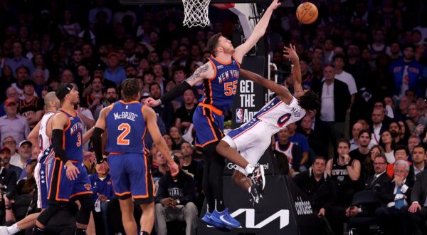 Apr 30, 2024; New York, New York, USA; New York Knicks center Isaiah Hartenstein (55) defends a shot by Philadelphia 76ers guard Tyrese Maxey (0) during overtime in game 5 of the first round of the 2024 NBA playoffs at Madison Square Garden. Mandatory Credit: Brad Penner-USA TODAY Sports Photo: Brad Penner/REUTERS