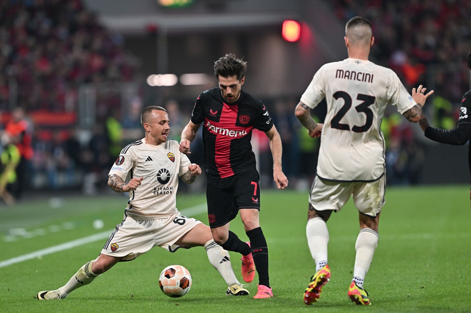 Angelino Jose Angel Esmoris Tanende (Roma)Jonas Hofmann (Bayer 04 Leverkusen)Gianluca Mancini (Roma)                                                     during the UEFA Europa League   match between Bayer Leverkusen 2-2 Roma  at  BayArena Stadium  on May 09, 2024  in Leverkusen, Germany . (Photo by Maurizio Borsari/AFLO),Image: 871665141, License: Rights-managed, Restrictions: No third party sales, Model Release: no, Credit line: Maurizio Borsari / AFLO / Profimedia