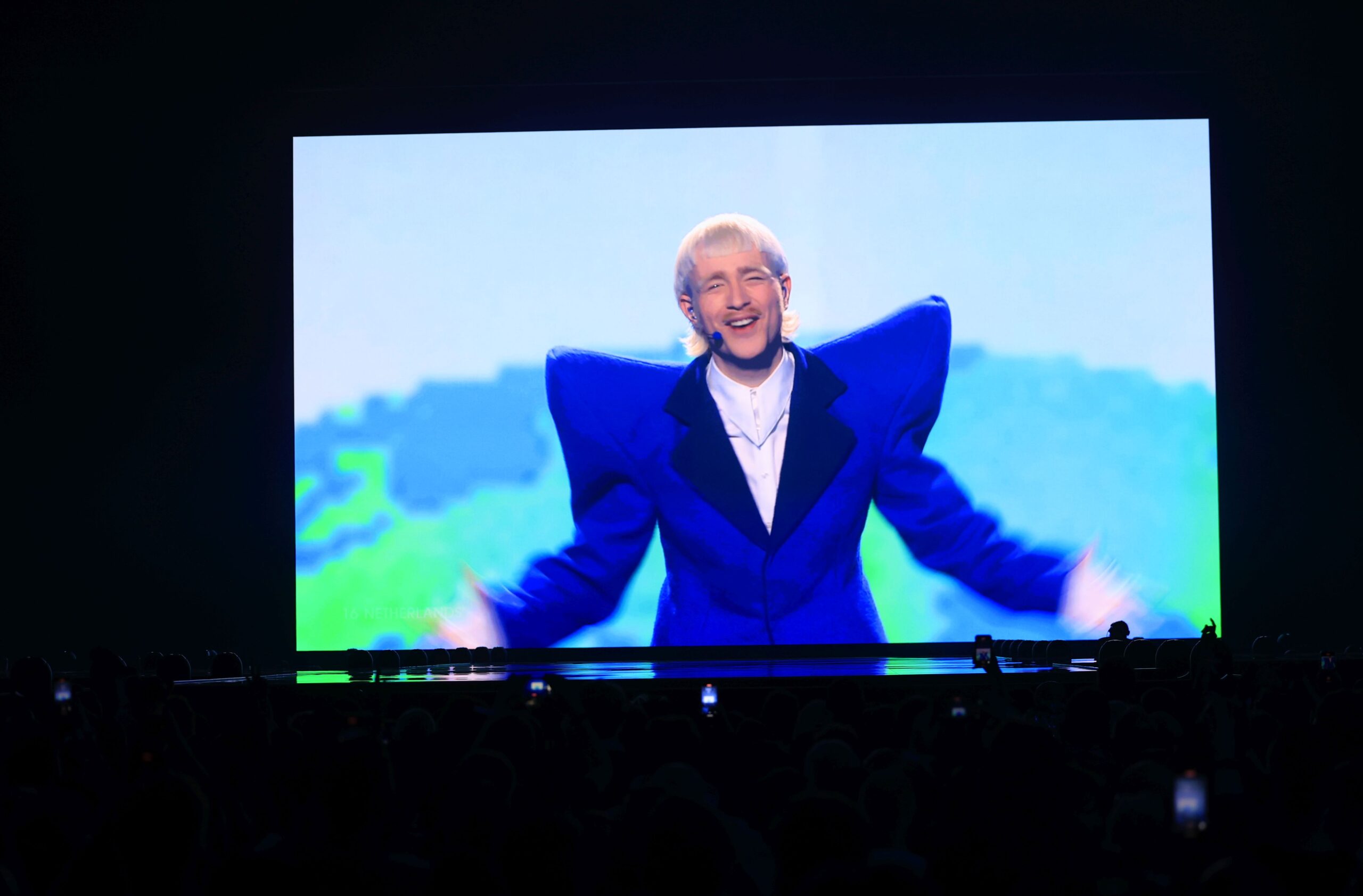 epa11332015 Joost Klein representing the Netherlands with the song 'Europapa' is played on the big screen during the second dress rehearsal before the final of the 68th edition of the Eurovision Song Contest (ESC)  at the Malmo Arena, in Malmo, Sweden, 10 May 2024. The final of 2024 Eurovision Song Contest takes place on 11 May.  EPA/JESSICA GOW SWEDEN OUT