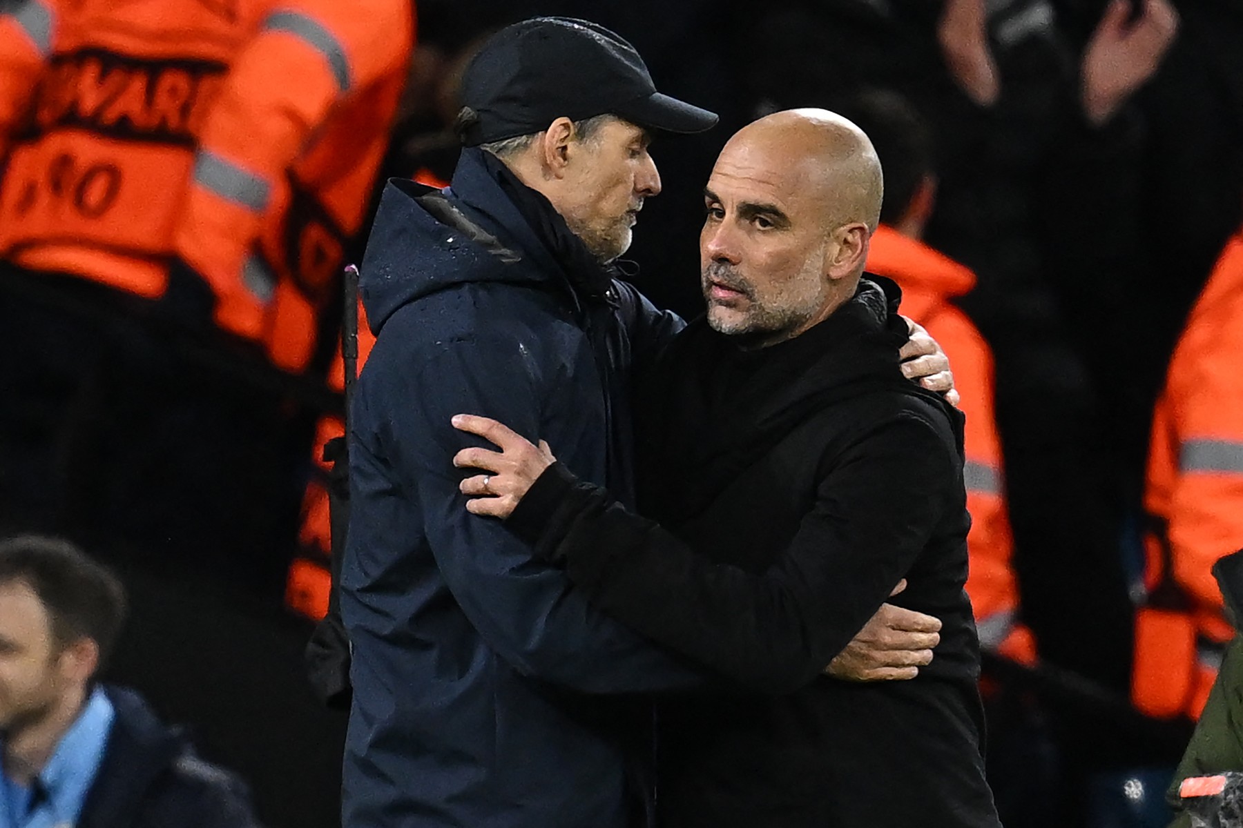 Bayern Munich's German head coach Thomas Tuchel (L) and Manchester City's Spanish manager Pep Guardiola (R) embrace after the UEFA Champions League quarter final, first leg football match between Manchester City and Bayern Munich at the Etihad Stadium in Manchester, north-west England, on April 11, 2023. Manchester City won the game 3-0.,Image: 768682806, License: Rights-managed, Restrictions: , Model Release: no, Credit line: Paul ELLIS / AFP / Profimedia