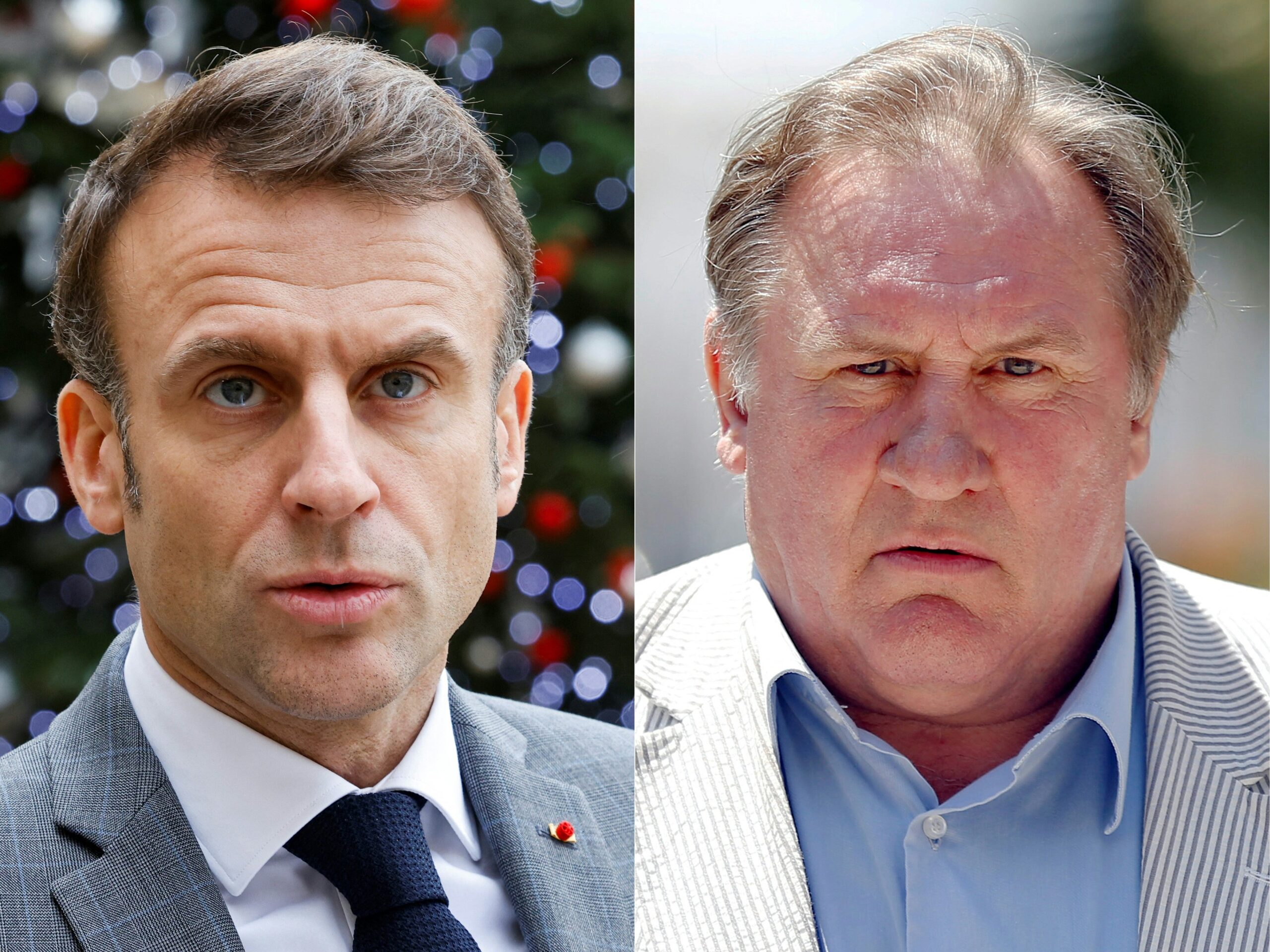 (COMBO) (FILES) This combination of pictures created on December 20, 2023 shows
President Emmanuel Macron (L) at the Elysee Palace in Paris on December 13, 2023 and French actor Gerard Depardieu on June 6, 2013 in Nice, southeastern France. 
 French President Emmanuel Macron said on December 20, 2023 French film icon Gerard Depardieu, accused of rape, had become the target of a "manhunt" as the actor faces fresh scrutiny over sexist comments.,Image: 831288703, License: Rights-managed, Restrictions: , Model Release: no, Credit line: Valery HACHE / AFP / Profimedia