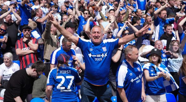 Ipswich Town supporters after their sides first goal during the Sky Bet Championship match at Portman Road, Ipswich. Picture date: Saturday May 4, 2024.,Image: 870159423, License: Rights-managed, Restrictions: EDITORIAL USE ONLY No use with unauthorised audio, video, data, fixture lists, club/league logos or "live" services. Online in-match use limited to 120 images, no video emulation. No use in betting, games or single club/league/player publications., Model Release: no, Credit line: Zac Goodwin / PA Images / Profimedia