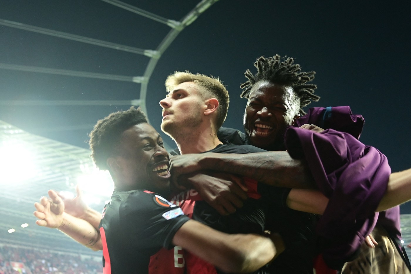 Bayer Leverkusen's Croatian defender #02 Josip Stanisic celebrates with teammates scoring the 2-2 during the UEFA Europa League semi final second leg football match between Bayer Leverkusen and ASC Roma in Leverkusen, on May 9, 2024.,Image: 871550646, License: Rights-managed, Restrictions: , Model Release: no, Credit line: INA FASSBENDER / AFP / Profimedia