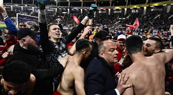 La Joie des Joueurs Brestois et de leur entraineur Eric Roy quand ils apprennent leur qualification pour la Ligue des Champions FOOTBALL : Toulouse vs Brest - Derniere Journee de Ligue1 UBEREATS - Toulouse - 19/05/2024 ThierryBreton/Panoramic,Image: 874761345, License: Rights-managed, Restrictions: PUBLICATIONxNOTxINxFRAxBEL, Credit images as "Profimedia/ IMAGO", Model Release: no, Credit line: Thierry Breton / imago sportfotodienst / Profimedia