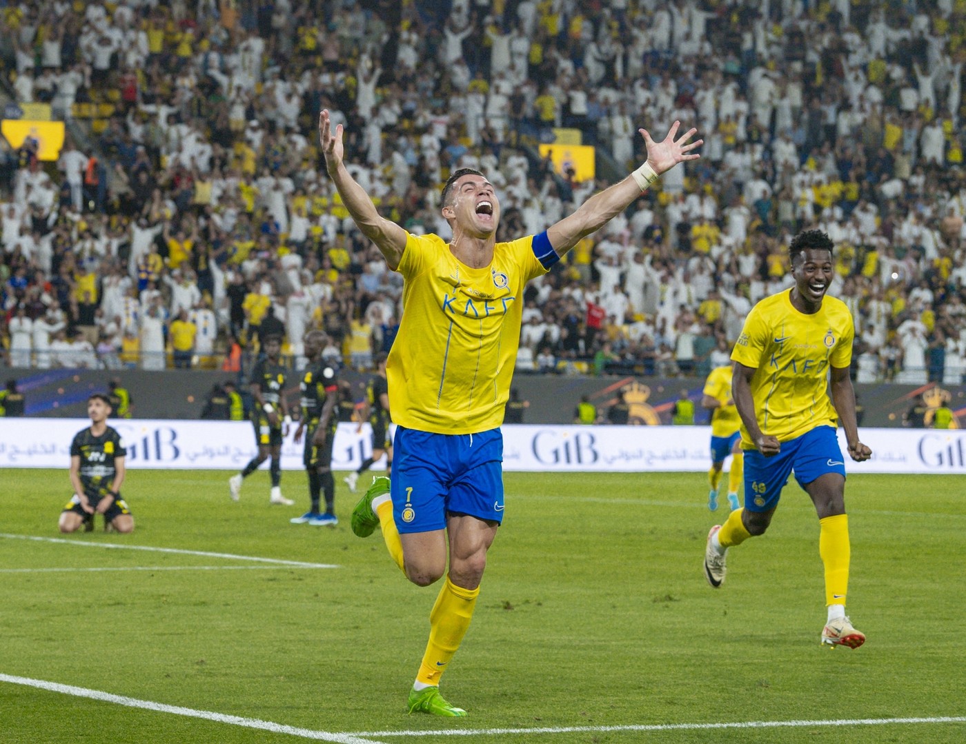 RIYADH, SAUDI ARABIA - MAY 27: Cristiano Ronaldo (7) of Al-Nassr celebrates after scoring a goal during Saudi Pro League week 34 football match between Al-Nassr and Al Ittihad at Al-Awwal Park Stadium in Riyadh, Saudi Arabia on May 27, 2024. Mohammed Saad / Anadolu/ABACAPRESS.COM,Image: 876947712, License: Rights-managed, Restrictions: , Model Release: no, Credit line: AA/ABACA / Abaca Press / Profimedia