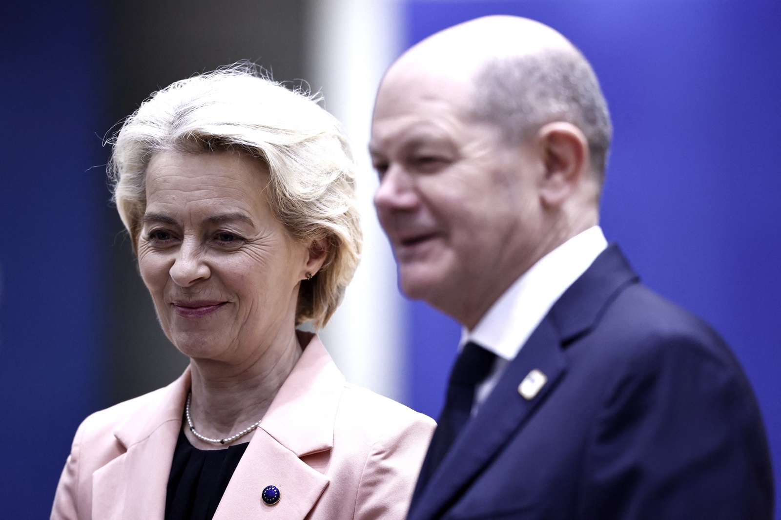 President of the European Commission Ursula von der Leyen, next to Germany's Chancellor Olaf Scholz (R), looks on prior to the European Council summit at the EU headquarters in Brussels on March 21, 2024.,Image: 858503405, License: Rights-managed, Restrictions: , Model Release: no, Credit line: Sameer Al-Doumy / AFP / Profimedia