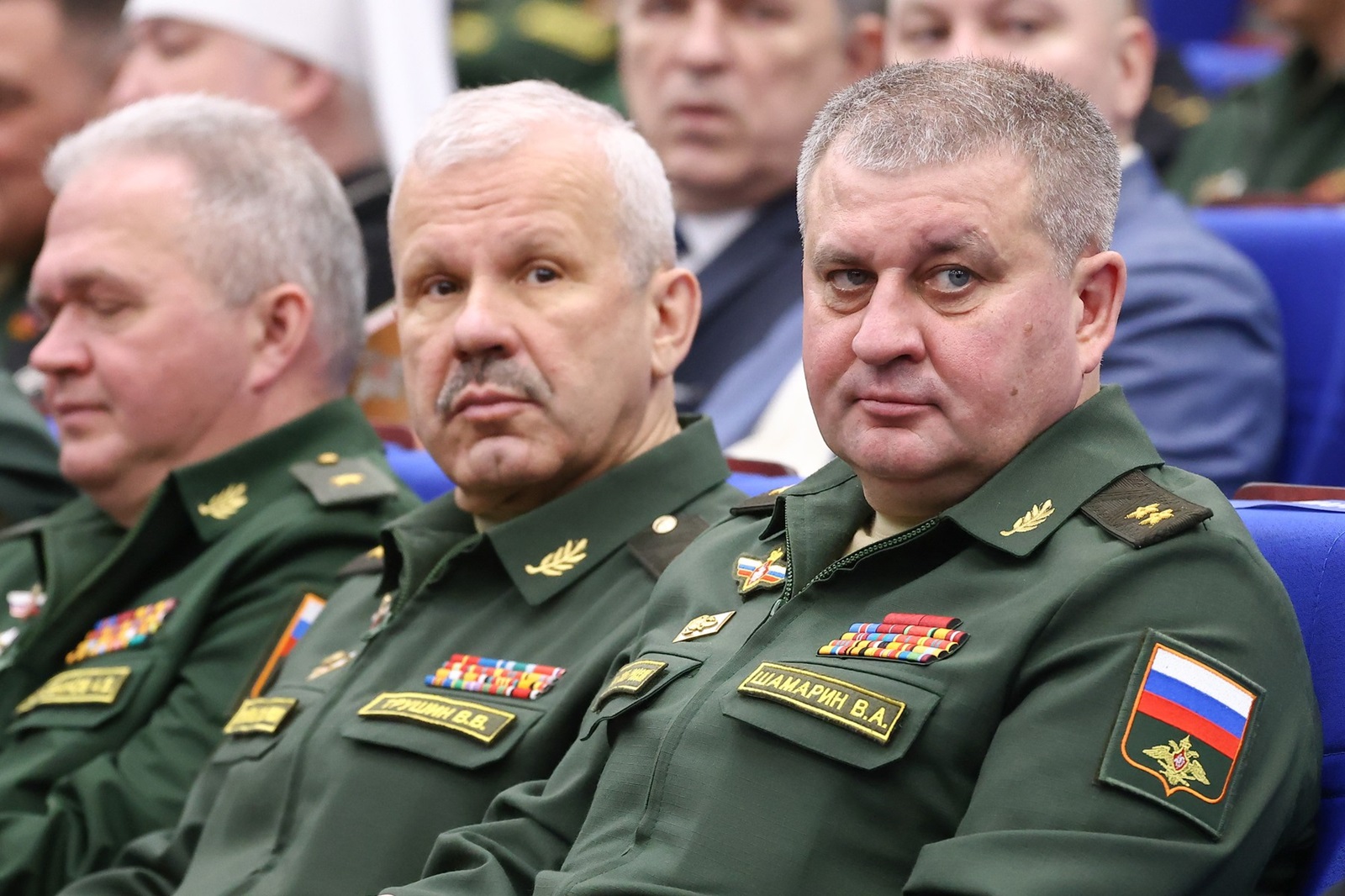 RUSSIA, MOSCOW - DECEMBER 19, 2023: Vadim Shamarin (R), head of the Main Directorate of Communications of the Russian Armed Forces, attends an expanded meeting of the Russian Defence Ministry Board at the National Defence Management Centre. Artyom Geodakyan/TASS,Image: 830899613, License: Rights-managed, Restrictions: , Model Release: no, Credit line: Artyom Geodakyan / TASS / Profimedia