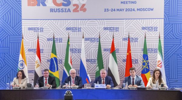 epa11363464 A handout photo made available by Roscosmos press service shows participants attending a meeting of heads of space agencies of BRICS member countries in Moscow, Russia, 23 May 2024. The desire of a number of Western countries to turn space into an arena for possible military operations is particularly alarming, said Roscosmos General Director Yuri Borisov. Deputy Foreign Minister of the Russian Federation Sergei Ryabkov said that Moscow is counting on the support of the BRICS countries for Russian initiatives on the use of space for peaceful purposes.  EPA/ROSCOSMOS PRESS SERVICE HANDOUT   HANDOUT EDITORIAL USE ONLY/NO SALES HANDOUT EDITORIAL USE ONLY/NO SALES