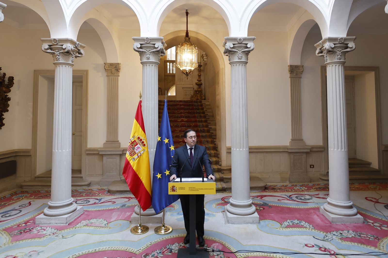 epa11392717 Spain's Foreign Affairs Minister Jose Manuel Albares holds a press conference in Madrid, central Spain, 06 June 2024. Jose Manuel Albares announced on 06 June that Spain is going to intervene in the procedure of the International Court of Justice (ICJ), initiated by South Africa, regarding the situation in Gaza. The decision comes in the context of the continued military operation in Gaza and the 'enormous concern' caused by the regional extension of the conflict.  EPA/SERGIO PEREZ