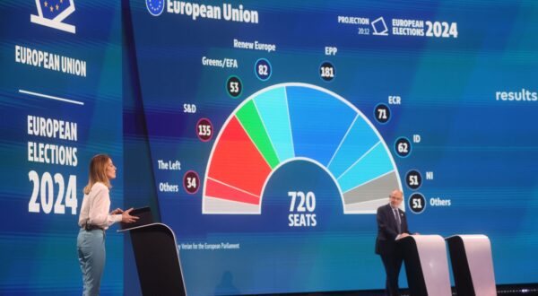 epa11400628 European Parliament President Roberta Metsola (L) presents projection of seats in the future European Parliament from 20H20 hour at European Parliament Hemicycle during the European election electoral evening in Brussels, Belgium, 09 June 2024. The European Parliament elections take place across EU member states from 06 to 09 June 2024. Members of the European Parliament met for the last time of the legislature in plenary session in Strasbourg on 25 April 2024.  EPA/OLIVIER HOSLET
