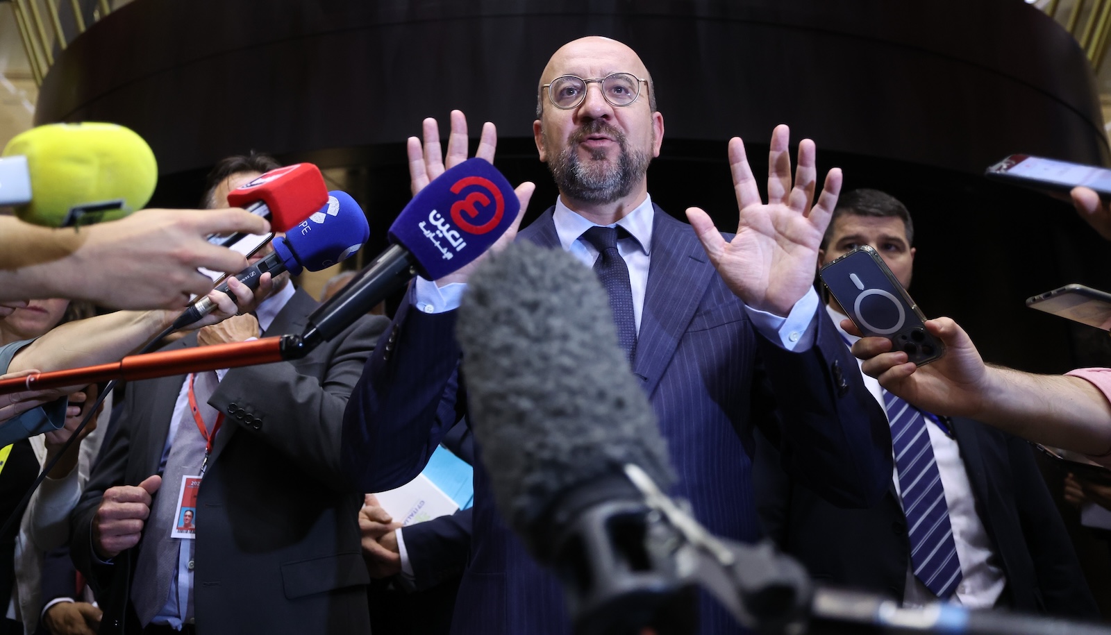epa11419054 European Council President Charles Michel gives a statement at the end of an informal meeting of the European Council in Brussels, Belgium, 17 June 2024. Following the European Parliament elections, EU leaders gathered in Brussels to discuss the next institutional cycle and renew the top jobs of the European institutions to reflect the EU's diversity in terms of geography, country size, gender, and political affiliation.  EPA/OLIVIER HOSLET