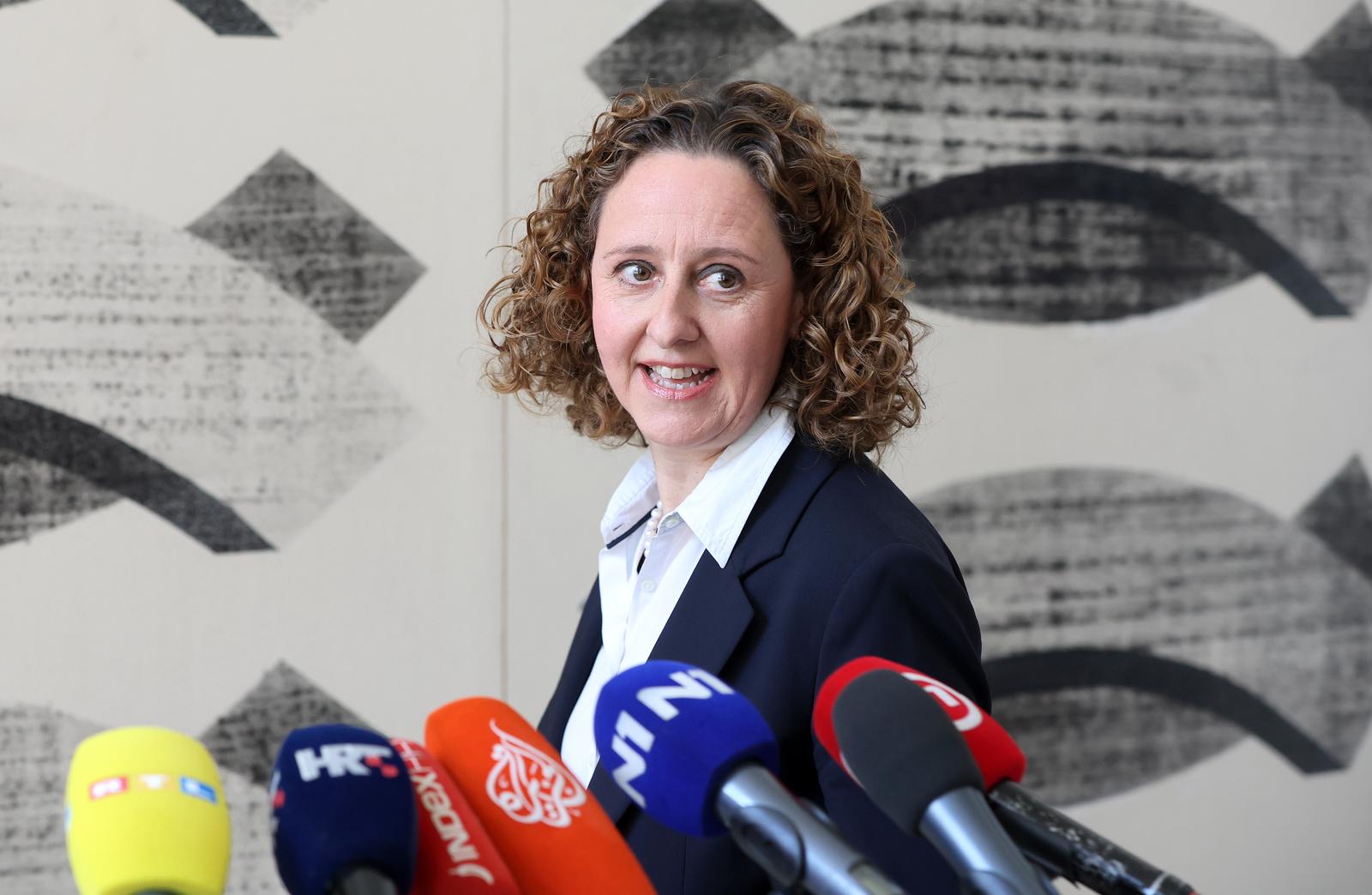 02.05.2024., Zagreb - Ministarstvo kulture i medija. Nina Obuljen Korzinek obratila se medijima na temu malverzacija s europskim novcem prilikom procesa obnove grada nakon potresa. Photo: Sanjin Strukic/PIXSELL