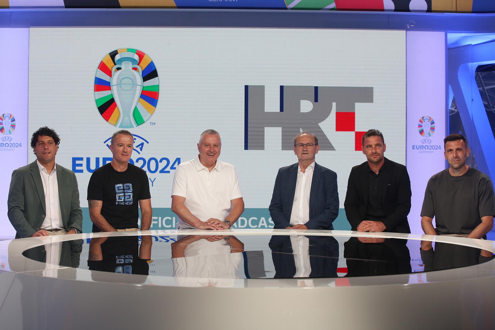 05.06.2024., Zagreb - Na HRT-u je odrzana prezentacija dvaju velikih sportskih dogadjaja koje ce pratiti HRT - Europsko nogometno prvenstvo i Olimpijske igre. Mario Carevic, Josko Jelicic, Tomislav Ivkovic, Anton Samovojska, Vedran Jese, Mario Cvitanovic Photo: Zeljko Hladika/PIXSELL