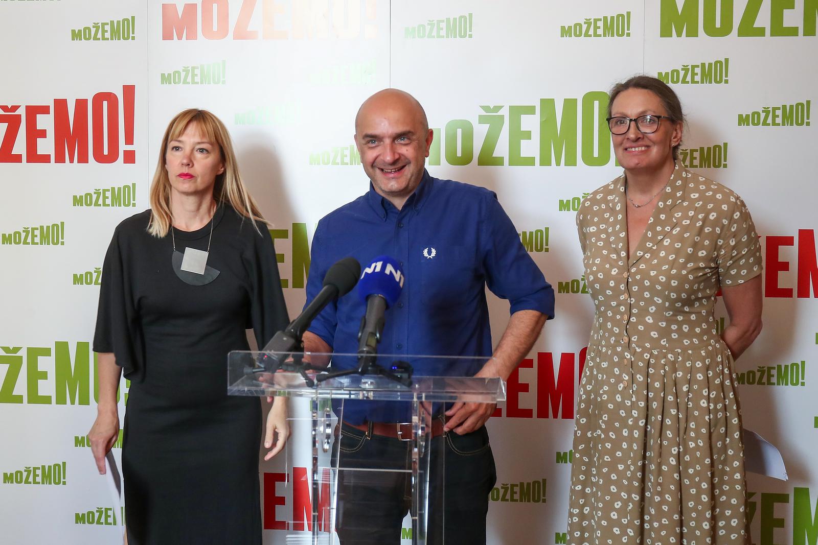 06.06.2024., Zagreb -  Pres konferencija stranke Mozemo, Gordan Bosanac, Ursa Raukar-Gamulin i Marta Kis. Photo: Matija Habljak/PIXSELL