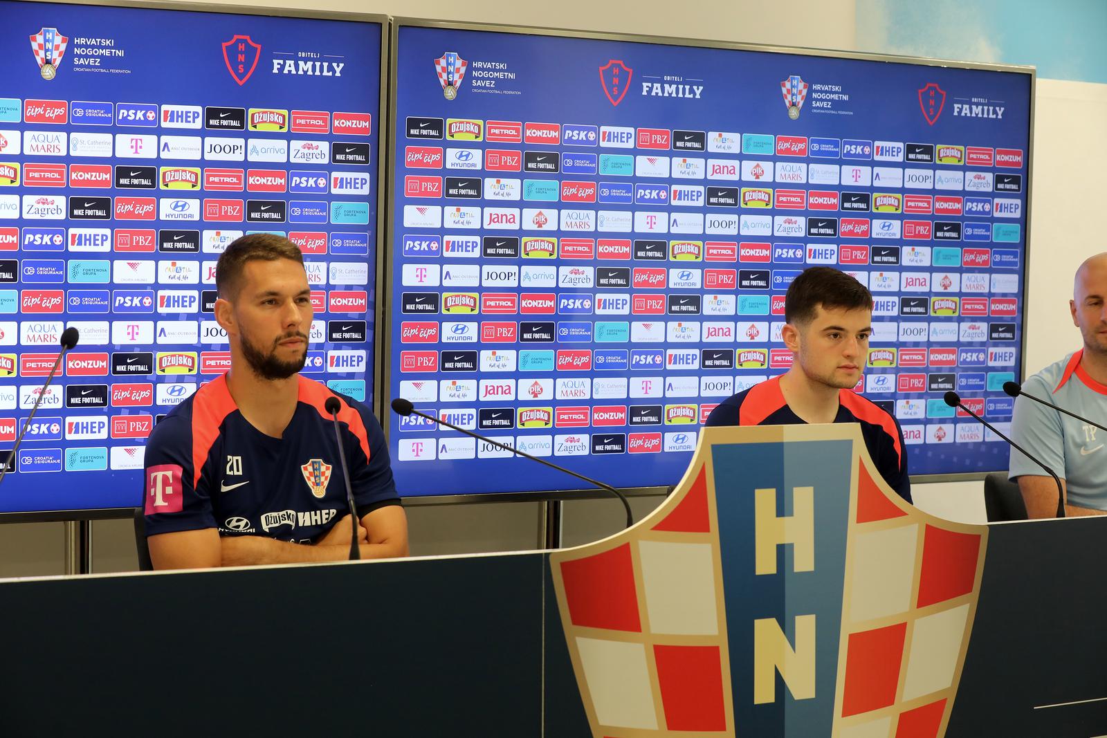 06.06.2024., Rijeka - Konferencija za novinare nogometasa Hrvatske nogometne reprezentacije u press centru stadiona na Rujevici. Marko Pjaca i Martin Baturina. Photo: Goran Kovacic/PIXSELL