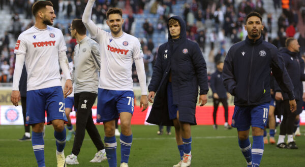 11.02.2024., stadion Poljud, Split - SuperSport HNL, 22. kolo, HNK Hajduk - NK Slaven Belupo. Leon Dajaku, Josip Brekalo, Otmane Benrahou Yassine Photo: Ivana Ivanovic/PIXSELL