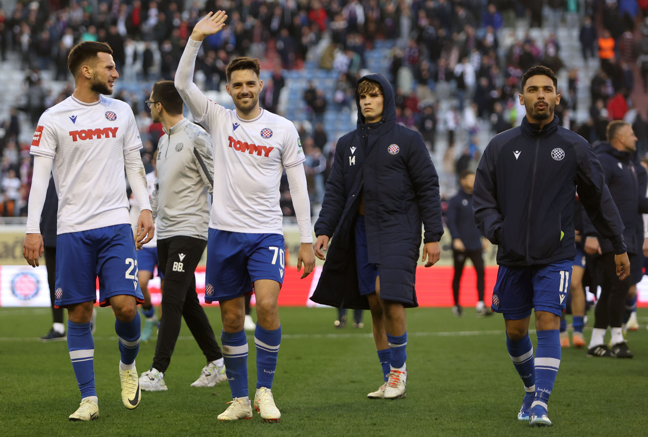 11.02.2024., stadion Poljud, Split - SuperSport HNL, 22. kolo, HNK Hajduk - NK Slaven Belupo. Leon Dajaku, Josip Brekalo, Otmane Benrahou Yassine Photo: Ivana Ivanovic/PIXSELL