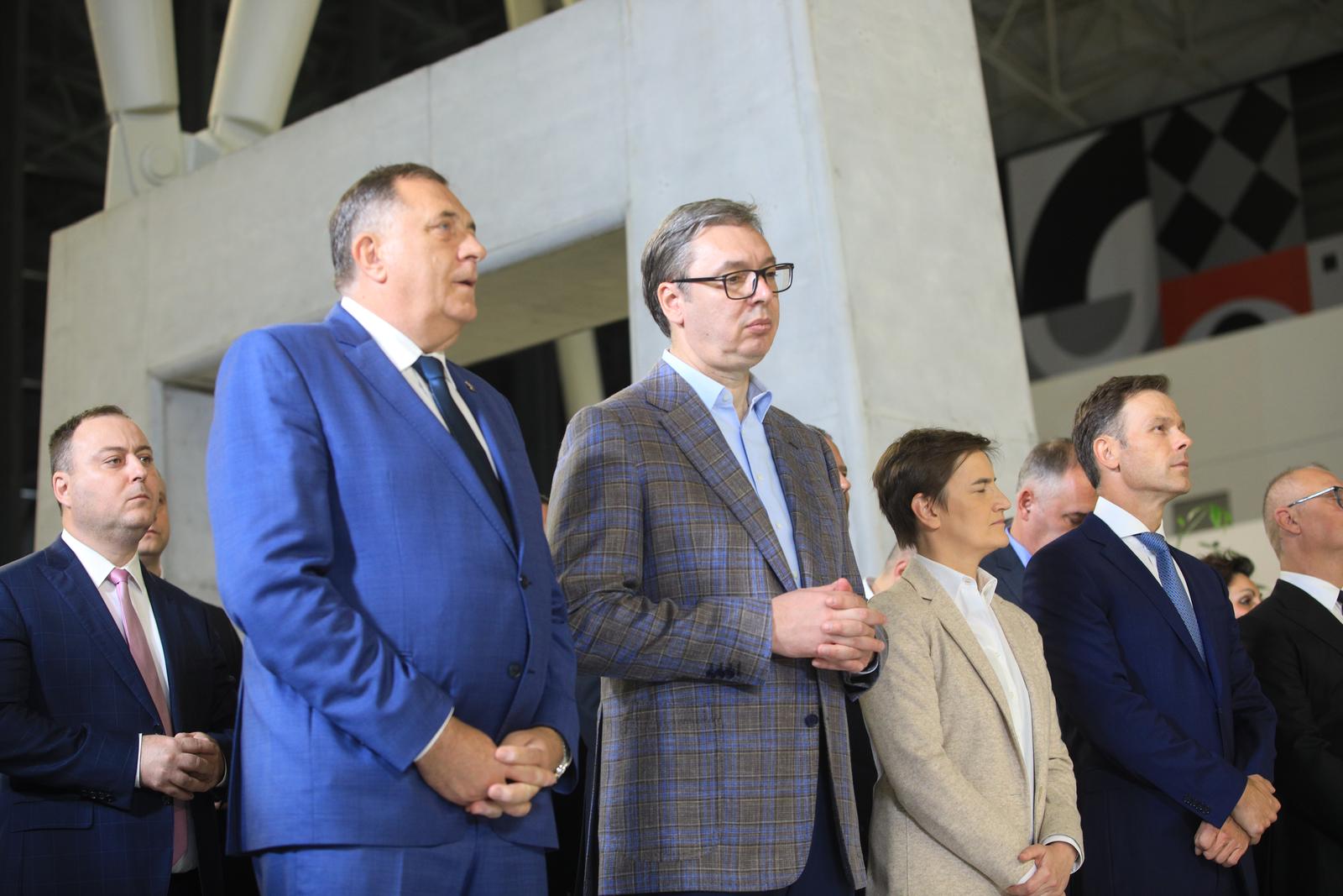 20, October, 2023, Belgrade - Opening ceremony of the Belgrade Center railway station in Prokop. Milorad Dodik, Aleksandar Vucic, Ana Brnabic, Sinisa Mali. Photo: Milos Tesic/ATAImages

20, oktobar, 2023, Beograd - Svecana ceremonije otvaranja zeleznicke stanice Beograd centar u Prokopu. Photo: Milos Tesic/ATAImages Photo: Milos Tesic/ATA Images/PIXSELL