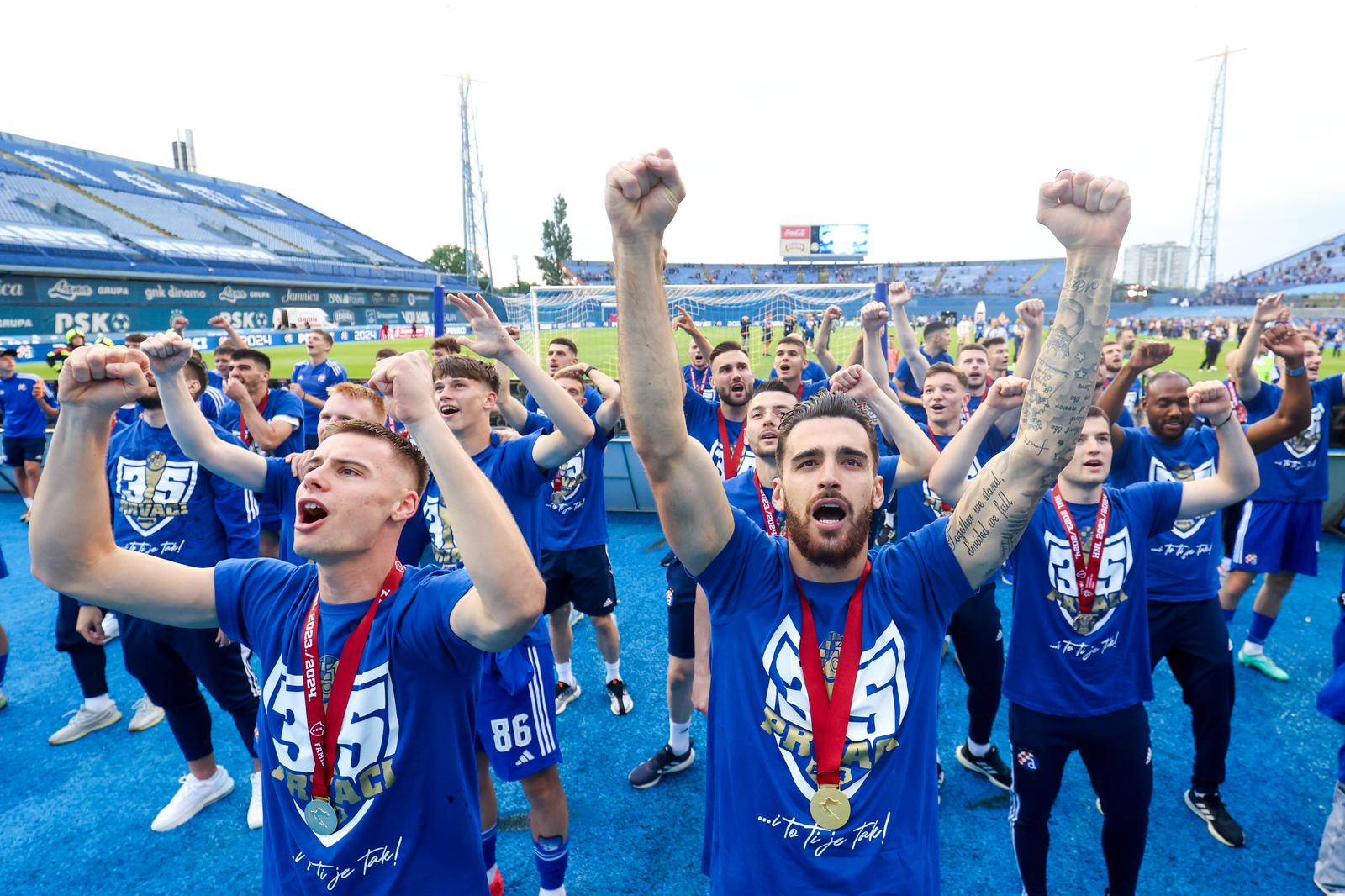 26.05.2024., stadion Maksimir, Zagreb - SuperSport HNL, 36. kolo, GNK Dinamo - NK Rudes. Nogometasi Dinama slave osvajanje SuperSport HNL. Gabriel Vidovic, Sandro Kulenovic Photo: Igor Kralj/PIXSELL