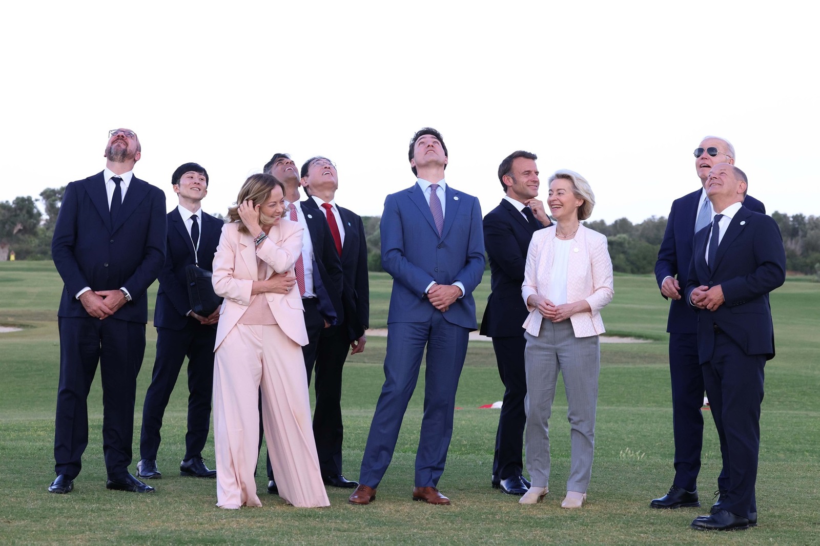 Italy, Borgo Egnazia /  Puglia region - June 13, 2024.G7 meeting.From left to right: Charles MICHEL (President of the European Council, EUROPEAN COUNCIL), Giorgia MELONI (Prime Minister, Italy), Rishi SUNAK (UK Prime Minister, United Kingdom), Fumio KISHIDA (Japanese Prime Minister, Japan), Justin TRUDEAU (Canadian Prime Minister, Canada), Emmanuel MACRON (President of France, France), Ursula VON DER LEYEN (President of the European Commission, EUROPEAN COMMISSION), Joseph R. BIDEN JR. (President of the United States of America, United States), Olaf SCHOLZ,Image: 881524060, License: Rights-managed, Restrictions: * France, Germany and Italy Rights Out *, Model Release: no, Credit line: Pignatelli/EUC / Zuma Press / Profimedia