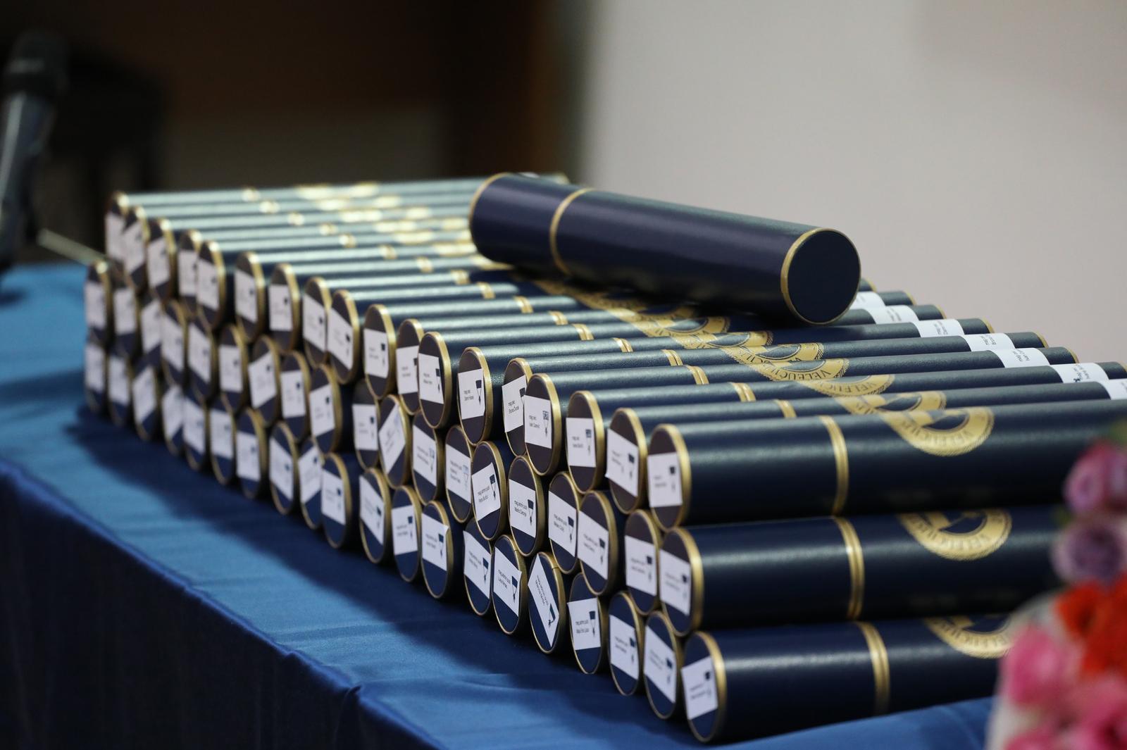 02.02.2024., Sibenik - Na sibenskom Veleucilistu odrzana je svecana promocija studenata ovog Veleucilista. Promovirana su  43 magistra menadzmenta koji su na Veleucilistu u Sibeniku zavrsili strucni diplomski studij menadzmenta i 38 magistra javne uprave koji su na Veleucilistu u Sibeniku zavrsili strucni diplomski studij Uprave. Nazocne je pozdravio i diplome podijelio dekan veleucilista Ljubo Runjic. Photo: Dusko Jaramaz/PIXSELL