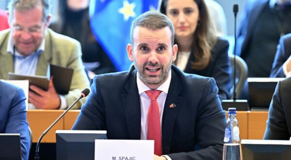 BRUSSELS, BELGIUM - APRIL 16: Prime Minister of Montenegro Milojko Spajic addresses members of the European Parliament's Committee on Foreign Affairs (AFET) in Brussels, Belgium on April 16, 2024. Dursun Aydemir / Anadolu,Image: 865333410, License: Rights-managed, Restrictions: , Model Release: no, Credit line: Dursun Aydemir / AFP / Profimedia