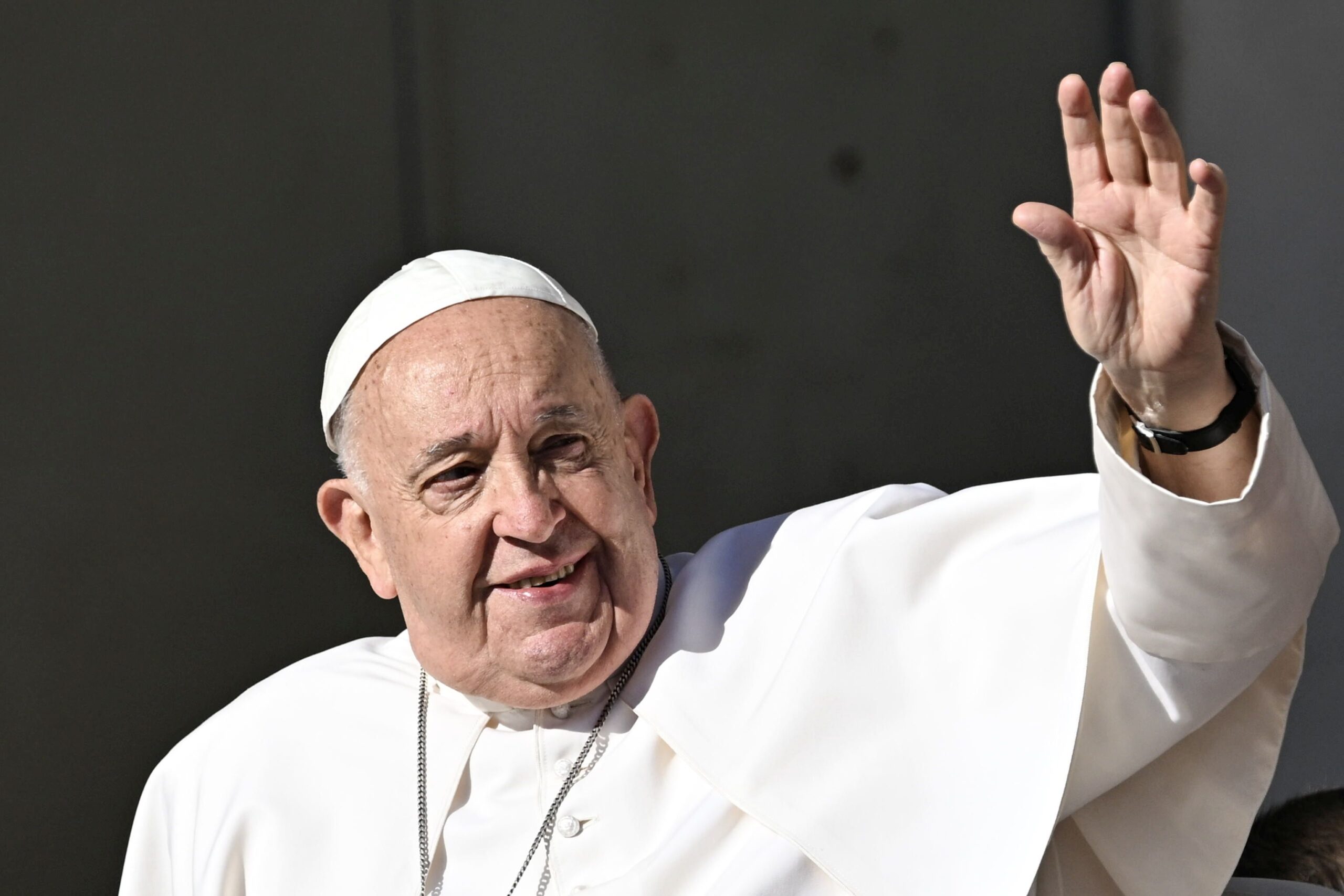 epa11405171 Pope Francis waves to the faithful as he leads his Wednesday general audience in Saint Peter’s Square at the Vatican, 12 June 2024.  EPA/CLAUDIO PERI