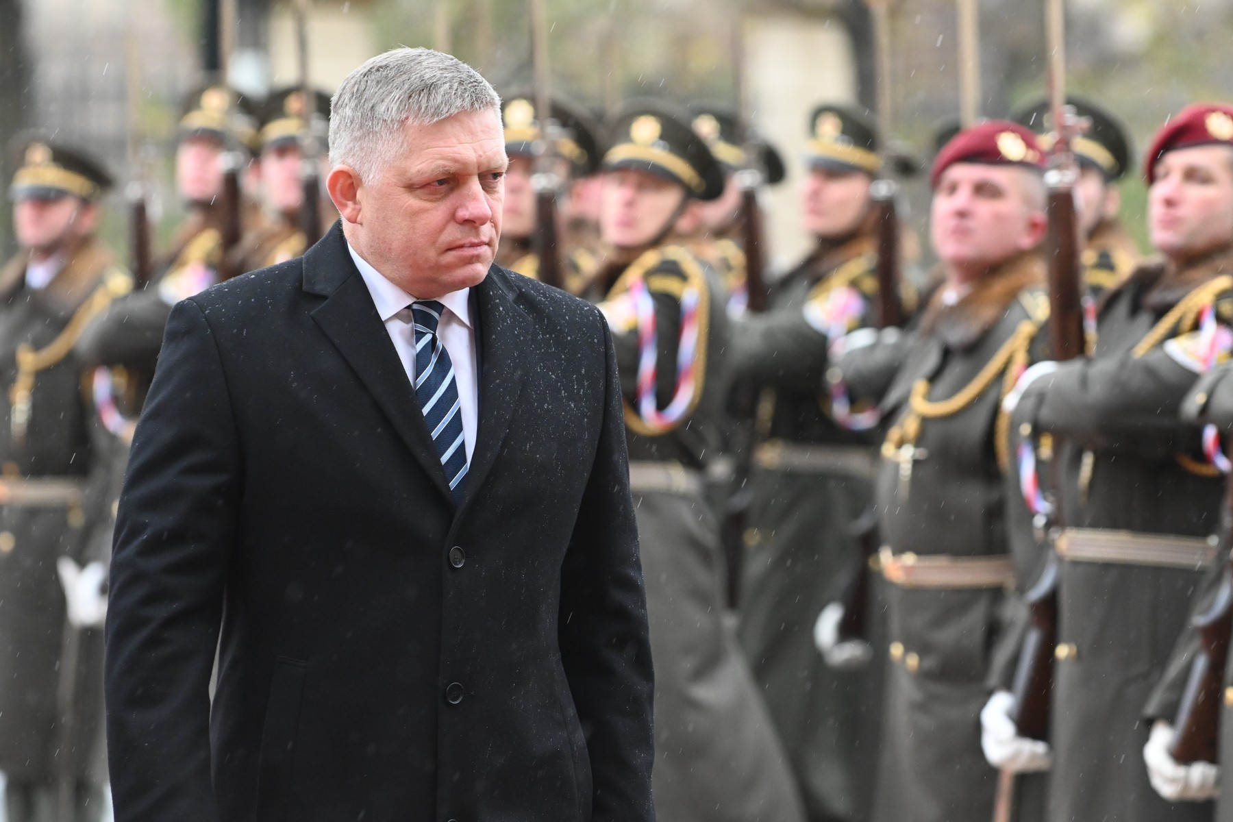 November 24, 2023, Prague, Czech Republic: Slovak prime minister Robert Fico walks along honor guard prior their meeting in Prague. Prime minister of Slovakia Robert Fico visits the Czech Republic on his first official foreign journey where he meets with his Czech counterpart Petr Fiala. Robert Fico became Slovak prime minister for the fourth time, after his political party Smer - Social Democracy party won parliament election held in September.,Image: 823984654, License: Rights-managed, Restrictions: , Model Release: no, Credit line: Tomas Tkacik / Zuma Press / Profimedia