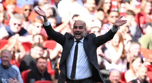 Manchester City's Spanish manager Pep Guardiola reacts during the English FA Cup final football match between Manchester City and Manchester United at Wembley stadium, in London, on May 25, 2024.,Image: 876375250, License: Rights-managed, Restrictions: NOT FOR MARKETING OR ADVERTISING USE / RESTRICTED TO EDITORIAL USE, Model Release: no, Credit line: JUSTIN TALLIS / AFP / Profimedia