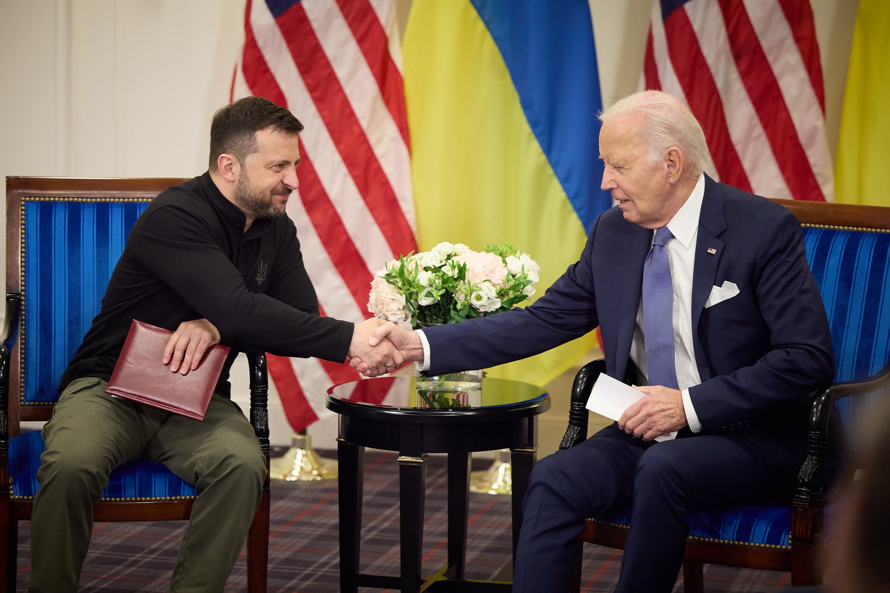 US President Joe Biden (R) shakes hands with Ukraine's President Volodymyr Zelensky (L) as they hold a bilateral meeting at the Intercontinental Hotel in Paris, on Fraiday on June 7, 2024. Biden announced $225 million in new aid for Ukraine during talks with Zelensky in Paris. Photo by /UPI,Image: 879701150, License: Rights-managed, Restrictions: , Model Release: no, Credit line: Ukraine's President Office / UPI / Profimedia