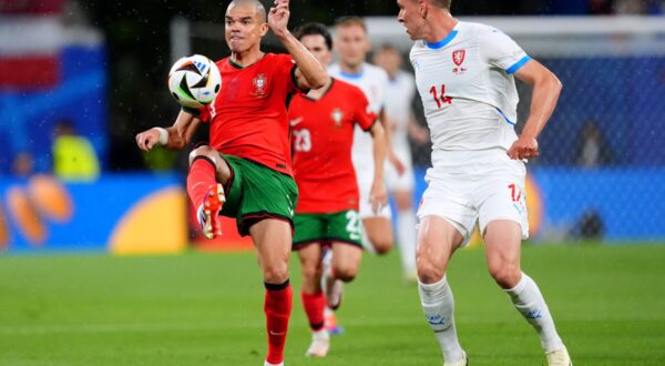 Portugal's Pepe (left) and Czech Republic's Lukas Provod battle for the ball during the UEFA Euro 2024 Group F match at Leipzig Stadium in Leipzig, Germany. Picture date: Tuesday June 18, 2024.,Image: 882738703, License: Rights-managed, Restrictions: Use subject to restrictions. Editorial use only, no commercial use without prior consent from rights holder., Model Release: no, Credit line: Adam Davy / PA Images / Profimedia