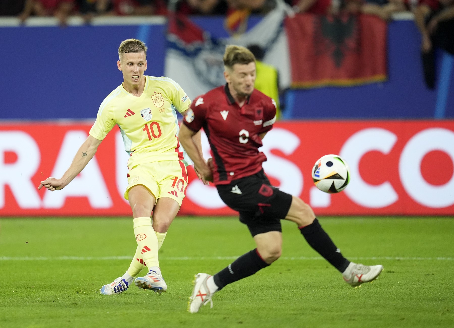 Spain's Dani Olmo shoots during the UEFA Euro 2024 Group B match at the Dusseldorf Arena in Dusseldorf, Germany. Picture date: Monday June 24, 2024.,Image: 884359366, License: Rights-managed, Restrictions: Use subject to restrictions. Editorial use only, no commercial use without prior consent from rights holder., Model Release: no, Credit line: Nick Potts / PA Images / Profimedia