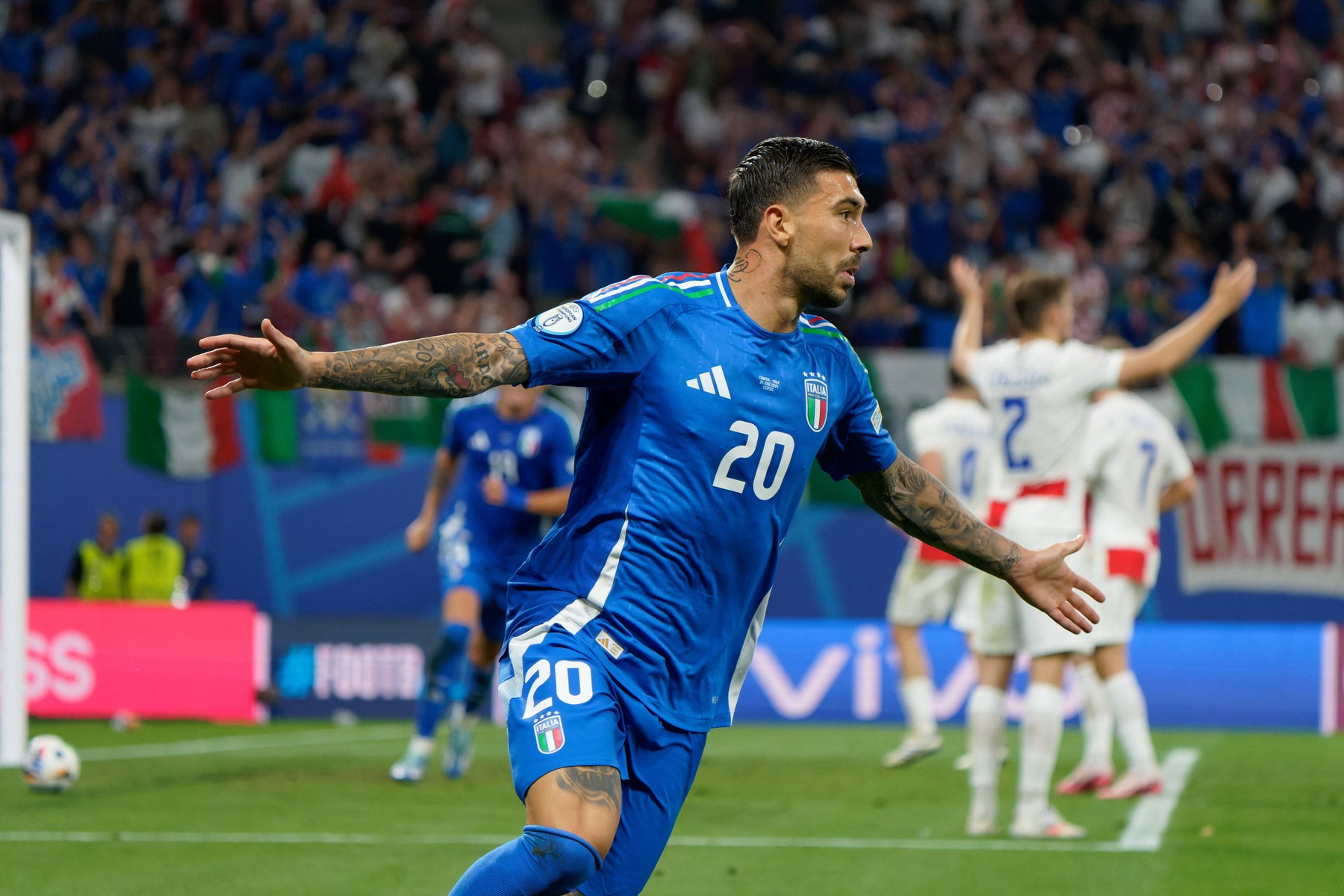 Mattia Zaccagni of Italy celebrates after scoring a goal  during  UEFA Euro 2024 - Croatia vs Italy, UEFA European Football Championship in Leipzig, Germany, June 24 2024-/ ipa-agency.net - //IPAPRESSITALY_IPA_Agency_IPA47450139/Credit:/IPA/SIPA/2406250919,Image: 884480178, License: Rights-managed, Restrictions: , Model Release: no, Credit line: /IPA / Sipa Press / Profimedia