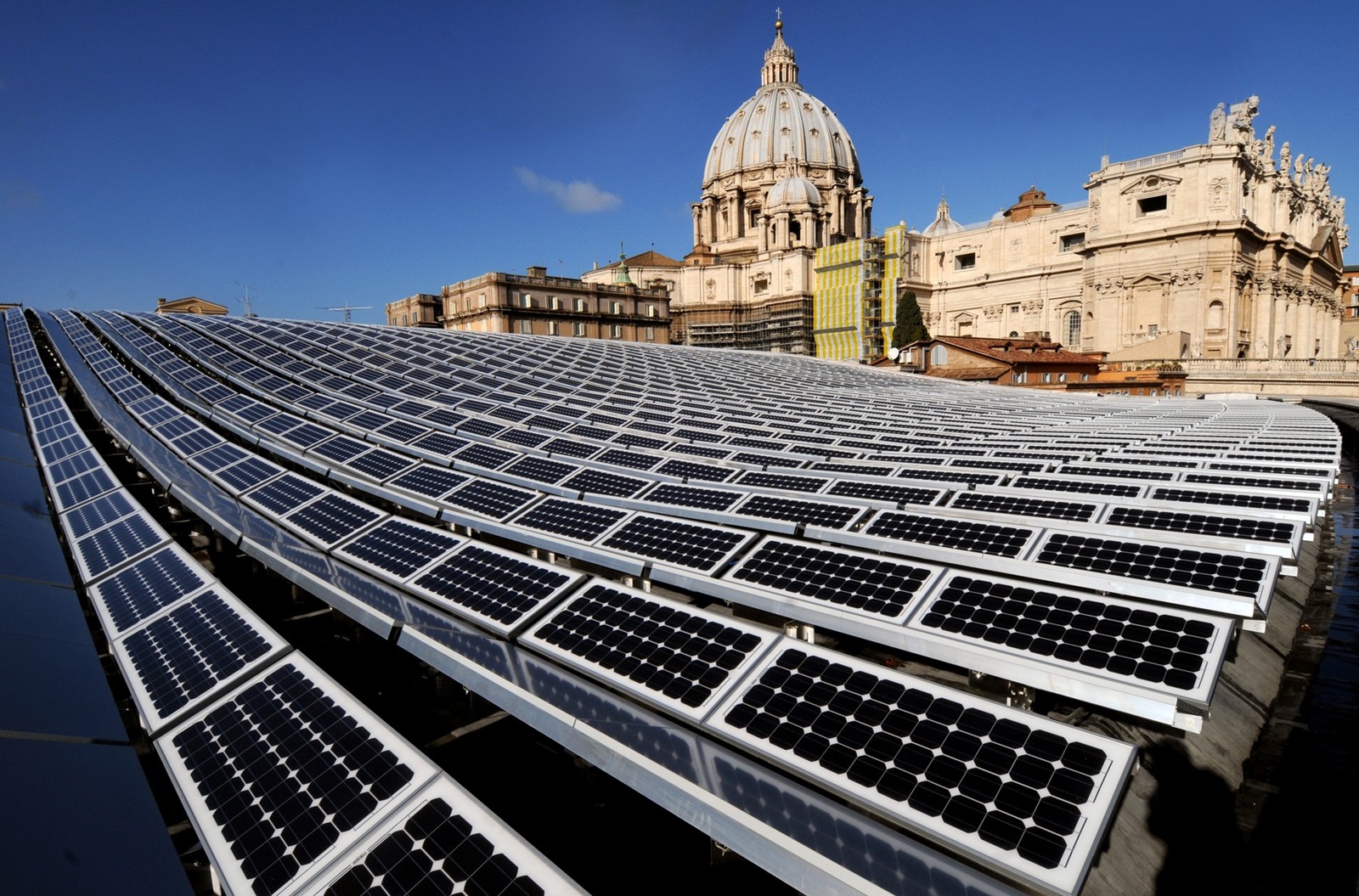 Vatican goes green with solar panel roof. The 2,400 panels on the 5,000 square metre roof of the Paul VI auditorium, near St Peter's Basilica, where popes hold general audiences, convert sunlight into 300 megawatts of electricity a year. 
Vatican, 2008.,Image: 585991769, License: Rights-managed, Restrictions: , Model Release: no, Credit line: Eric Vandeville / akg-images / Profimedia