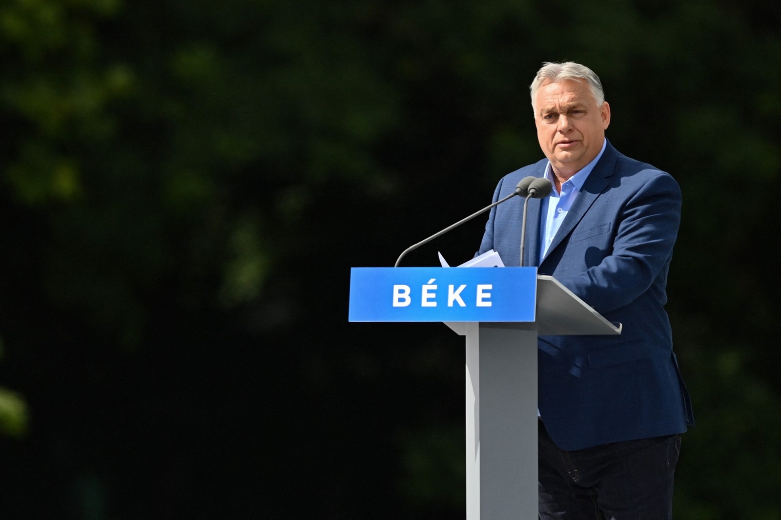 Hungarian Prime Minister Viktor Orban addresse a speech to sympathisers and members of the Hungarian FIDESZ and KDNP (Christian Democratic Party) parties in Budapest on June 01, 2024, after their Peace March, to demonstrate for the peace in Ukraine, one week before the EU election.,Image: 878112904, License: Rights-managed, Restrictions: , Model Release: no, Credit line: GERGELY BESENYEI / AFP / Profimedia