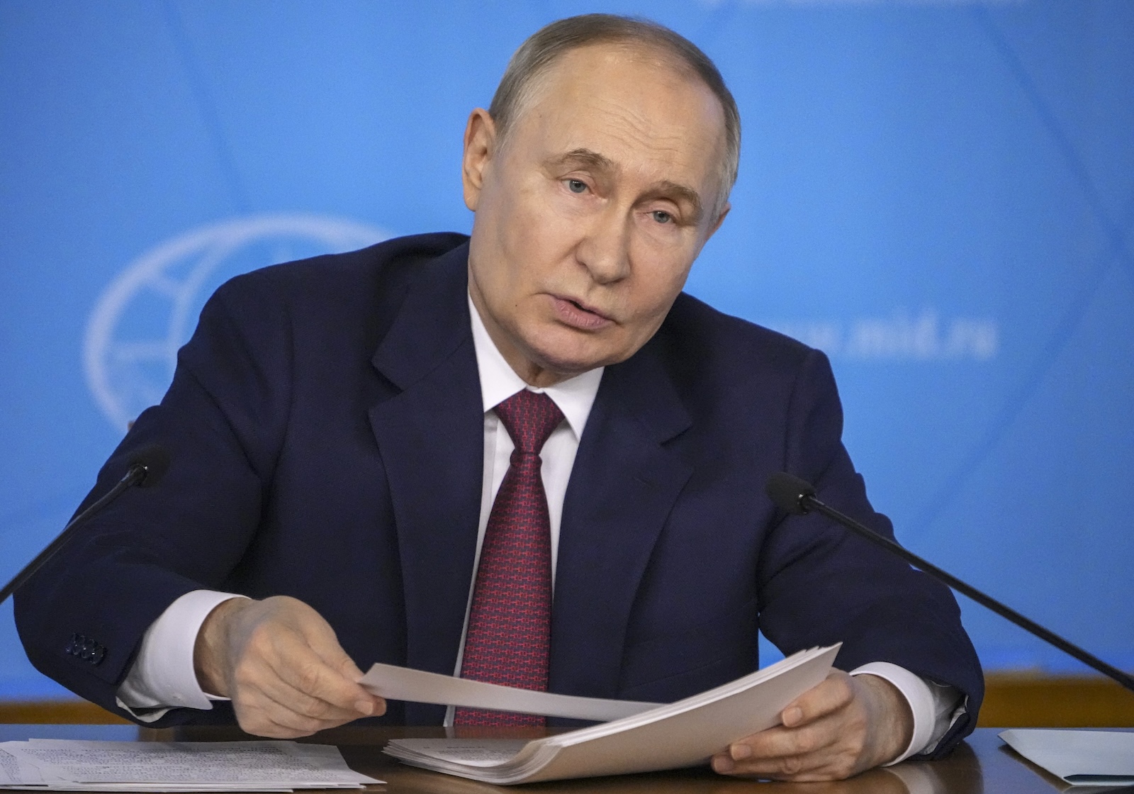 epa11409242 Russian President Vladimir Putin holds a meeting with the leadership of the Russian Foreign Ministry in Moscow, Russia, 14 June 2024. 'Ukrainian troops must be completely withdrawn from the DPR, LPR, Kherson and Zaporizhia regions. From their entire territory, their administrative borders at the time of their entry into the Russian Federation. As soon as Kiev announces this and gives a promise not to join NATO, we will immediately ensure the safe withdrawal of Ukrainian troops and begin the negotiation process', Putin said at the meeting.  EPA/STRINGER