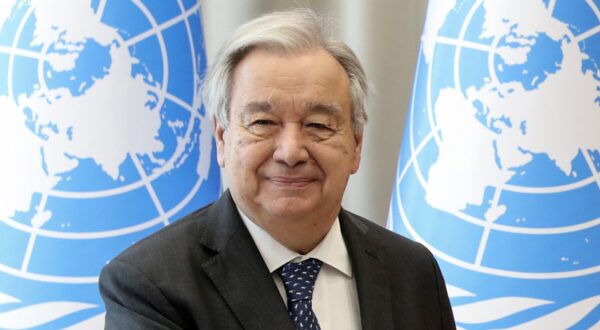 epa11451699 United Nations Secretary-General Antonio Guterres (L) shakes hands with Kyrgyz President Sadyr Japarov (R) during their meeting in Bishkek, Kyrgyzstan, 02 July 2024. The UN Secretary General is on an official visit to Kyrgyzstan.  EPA/IGOR KOVALENKO