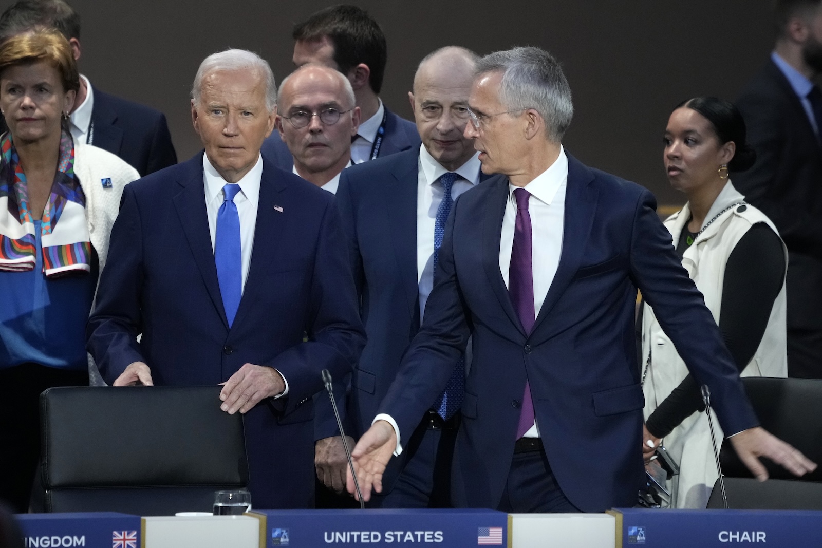 epa11472503 US President Joe Biden (L) and Jens Stoltenberg (R), Secretary General of the North Atlantic Treaty Organization (NATO) prepare to participate in Working Session II of the North Atlantic Treaty Organization (NATO) Summit at the Walter E. Washington Convention Center in Washington, DC, USA, 11 July 2024. The 75th Anniversary NATO Summit takes place in Washington, DC, from 09 to 11 July 2024.  EPA/CHRIS KLEPONIS / POOL
