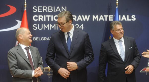 19, srpnja 2024, Beograd, Samit o kritičnim sirovinama . Olaf Scholz, Aleksandar Vučić, Maroš Šefčovič. Photo: M.A./ATAImages/Pixell