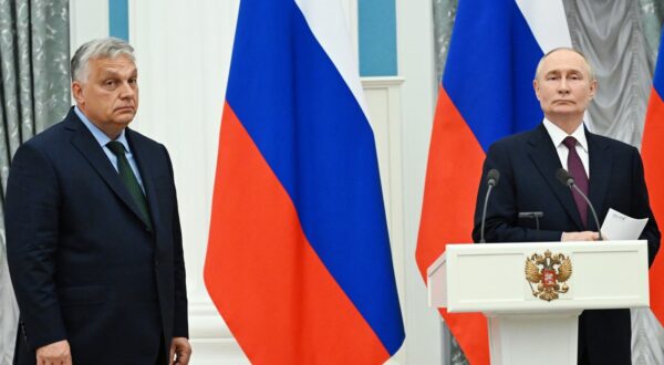 8723035 05.07.2024 Russian President Vladimir Putin and Hungarian Prime Minister Viktor Orban, left, attend a news conference following their meeting at the Kremlin, in Moscow, Russia.,Image: 887507147, License: Rights-managed, Restrictions: Editors' note: THIS IMAGE IS PROVIDED BY RUSSIAN STATE-OWNED AGENCY SPUTNIK., Model Release: no, Credit line: Alexey Maishev / Sputnik / Profimedia