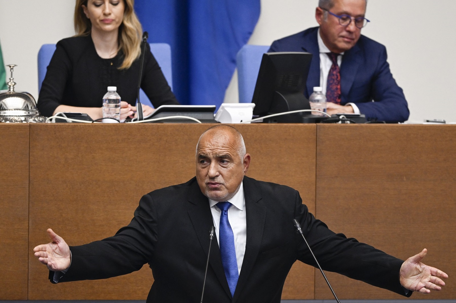Bulgaria centre-right Citizens for European Development of Bulgaria (GERB) party head and former Prime Minister Boyko Borisov speaks during the debate to vote on a new cabinet at the Bulgarian parliament in Sofia on July 3, 2024. Bulgaria's prime minister-designate Rosen Zhelyazkov of the European Development of Bulgaria (GERB) party failed on July 3 to secure the support for his proposed cabinet after the  Bulgaria's Parliament voted down a minority government.,Image: 886969274, License: Rights-managed, Restrictions: , Model Release: no, Credit line: Nikolay DOYCHINOV / AFP / Profimedia