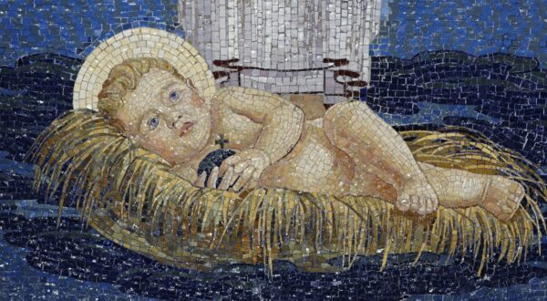 Baby Jesus lying in the manger, Christmas, wall mosaic at the Church of the Transfiguration, Mount Tabor, Galilee, Israel, Middle East,Image: 148107672, License: Rights-managed, Restrictions: , Model Release: no, Credit line: Dr. Wilfried  Bahnmüller / imageBROKER / Profimedia