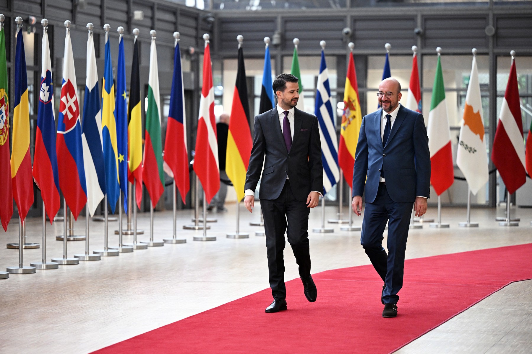 BRUSSELS, BELGIUM - JULY 02: Montonegrin President Jakov Milatovic and European Council President Charles Michel arrive ahead of their meeting in Brussels, Belgium on July 02, 2024. Dursun Aydemir / Anadolu,Image: 886582912, License: Rights-managed, Restrictions: , Model Release: no, Credit line: Dursun Aydemir / AFP / Profimedia