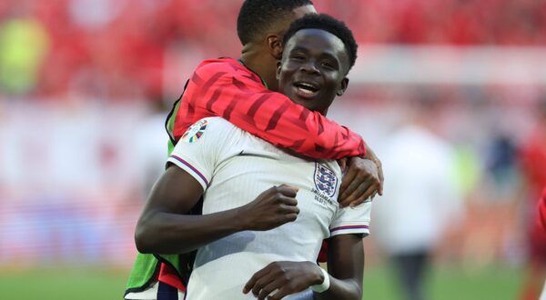 Dusseldorf, Germany, 6th July 2024. Bukayo Saka of England celebrates after the UEFA European Championships Quarter Final match at Dusseldorf Arena, Dusseldorf. Picture credit should read: / Sportimage EDITORIAL USE ONLY. No use with unauthorised audio, video, data, fixture lists, club/league logos or live services. Online in-match use limited to 120 images, no video emulation. No use in betting, games or single club/league/player publications. SPI-3218-0120,Image: 887910437, License: Rights-managed, Restrictions: Credit images as "Profimedia/ IMAGO", Model Release: no, Credit line: Paul Terry / imago sportfotodienst / Profimedia