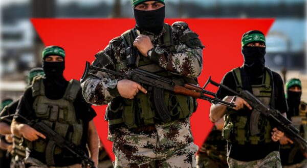 July 13, 2024, London, United Kingdom: A photomontage of Hamas militants in Gaza with a red inverted triangle in the background. The inverted red triangle has been used by Hamas' Al-Qassam Brigades to mark Israeli military targets in their videos of the ongoing fighting in the embattled Gaza Strip. Germany's House of Representatives has recently voted to ban the red inverted triangle symbol.,Image: 889503362, License: Rights-managed, Restrictions: , Model Release: no, Credit line: Ahmed Fesal Bayaa / Zuma Press / Profimedia