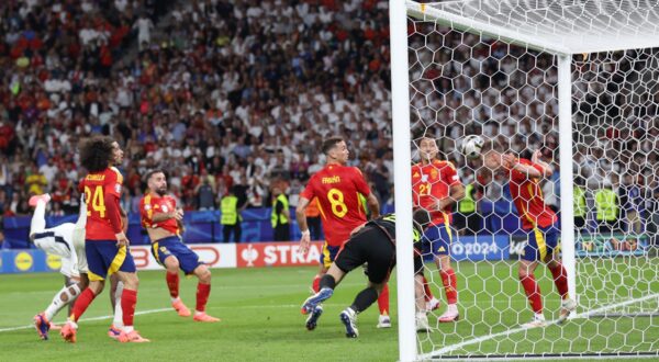 BERLIN, July 15, 2024  -- Dani Olmo (1st R) of Spain makes a save during the UEFA Euro 2024 final match between England and Spain in Berlin, Germany, July 14, 2024.,Image: 889782629, License: Rights-managed, Restrictions: , Model Release: no, Credit line: Zhang Fan / Xinhua News / Profimedia