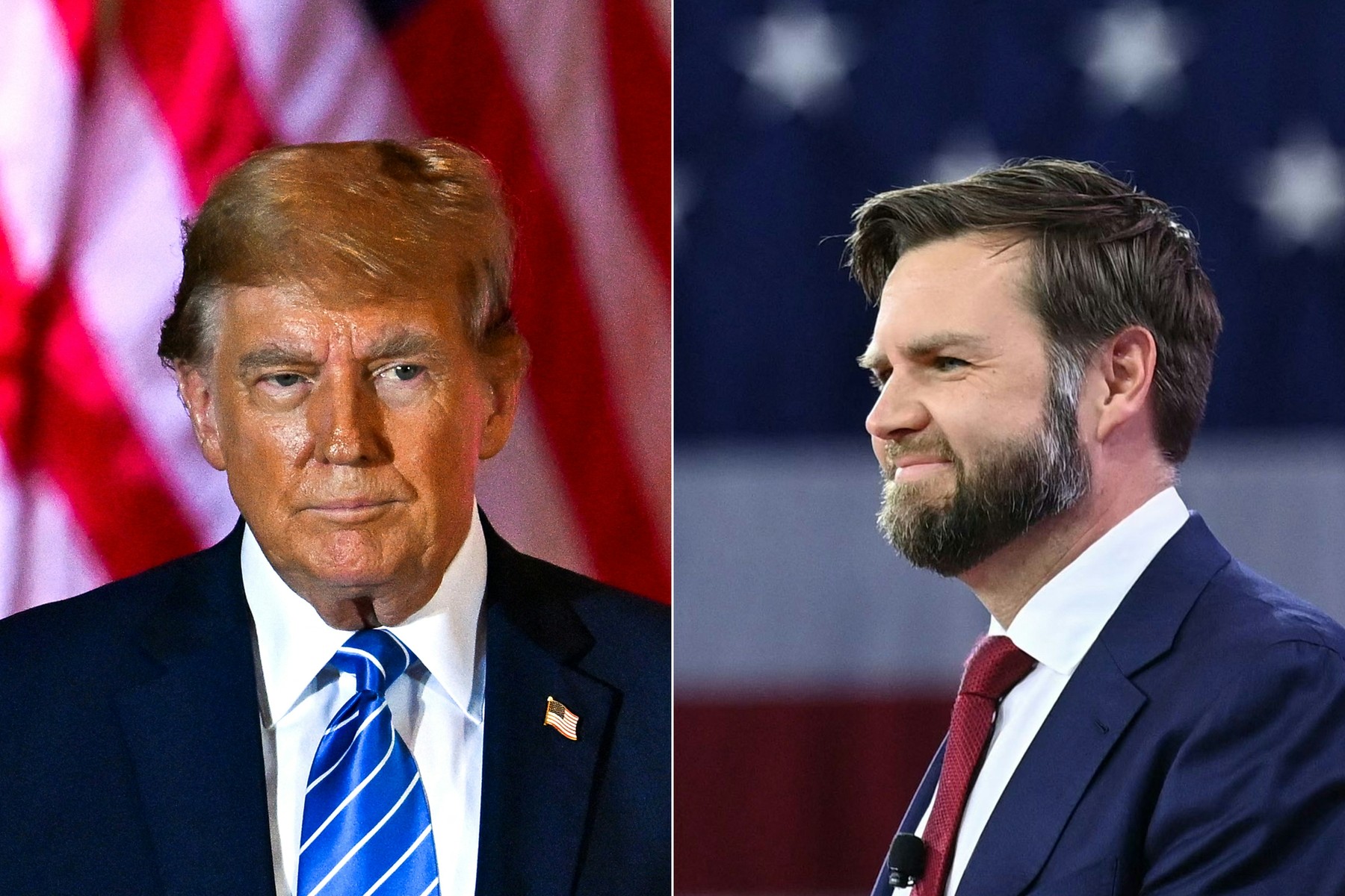 (COMBO) This combination of pictures created on July 15, 2024 shows Former US President and 2024 presidential hopeful Donald Trump in Palm Beach, Florida, on March 5, 2024 and US Senator JD Vance, Republican of Ohio, in National Harbor, Maryland, on February 23, 2024.
 Donald Trump on July 15 named right-wing Ohio Senator J.D. Vance as his running mate in the US presidential election, rewarding a one-time harsh critic who became one of his most loyal supporters in Congress.
Trump unveiled his pick on Truth Social as supporters gathered in Milwaukee for the Republican Party convention, an extravaganza turbocharged by the attempted assassination of the former president.,Image: 889892788, License: Rights-managed, Restrictions: , Model Release: no, Credit line: MANDEL NGAN / AFP / Profimedia