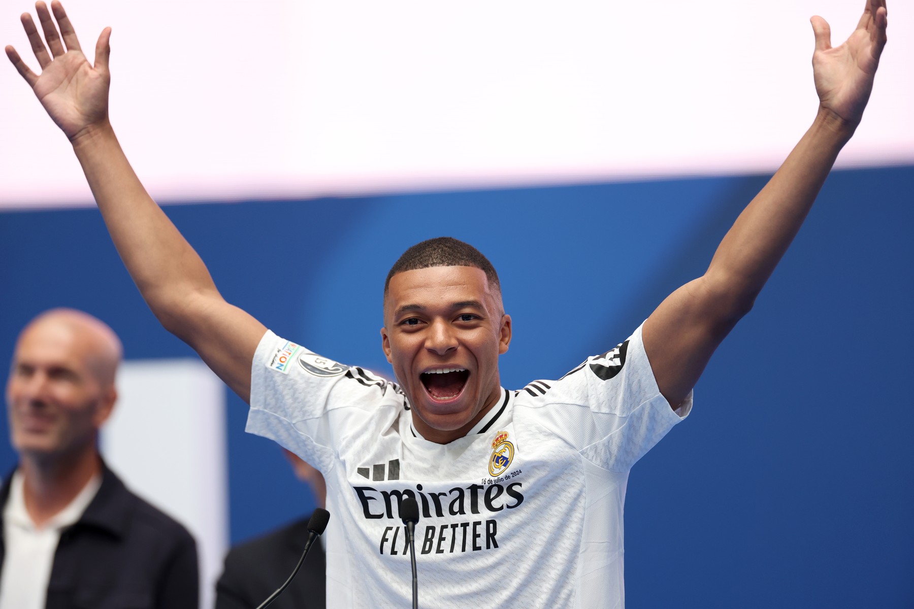 New Real Madrid player Kylian Mbappe during a presentation at the Santiago Bernabeu Stadium in Madrid, Spain. Picture date: Tuesday July 16, 2024.,Image: 890013006, License: Rights-managed, Restrictions: Use subject to restrictions. Editorial use only, no commercial use without prior consent from rights holder., Model Release: no, Credit line: Isabel Infantes / PA Images / Profimedia